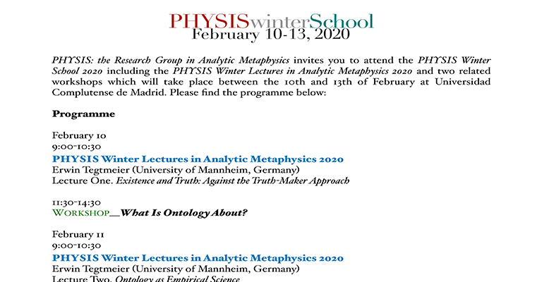 Programa de la PHYSIS Winter School 2020 de metafísica (10-13 de febrero de 2020, aula Ortega y Gasset)