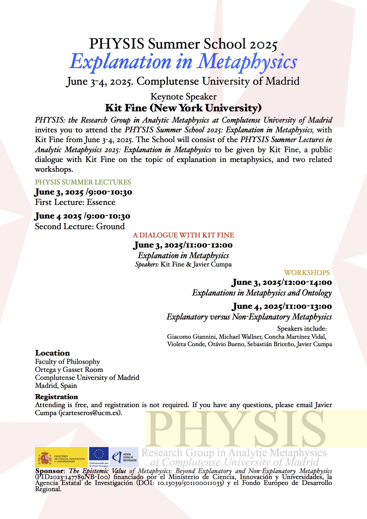 Escuela PHYSIS de verano 2025 sobre la explicación en metafísica con Kit Fine (New York University)