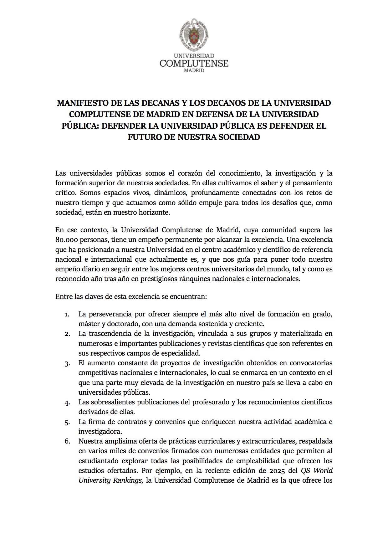 Manifiesto de las Decanas y los Decanos de la UCM en Defensa de la Universidad Pública